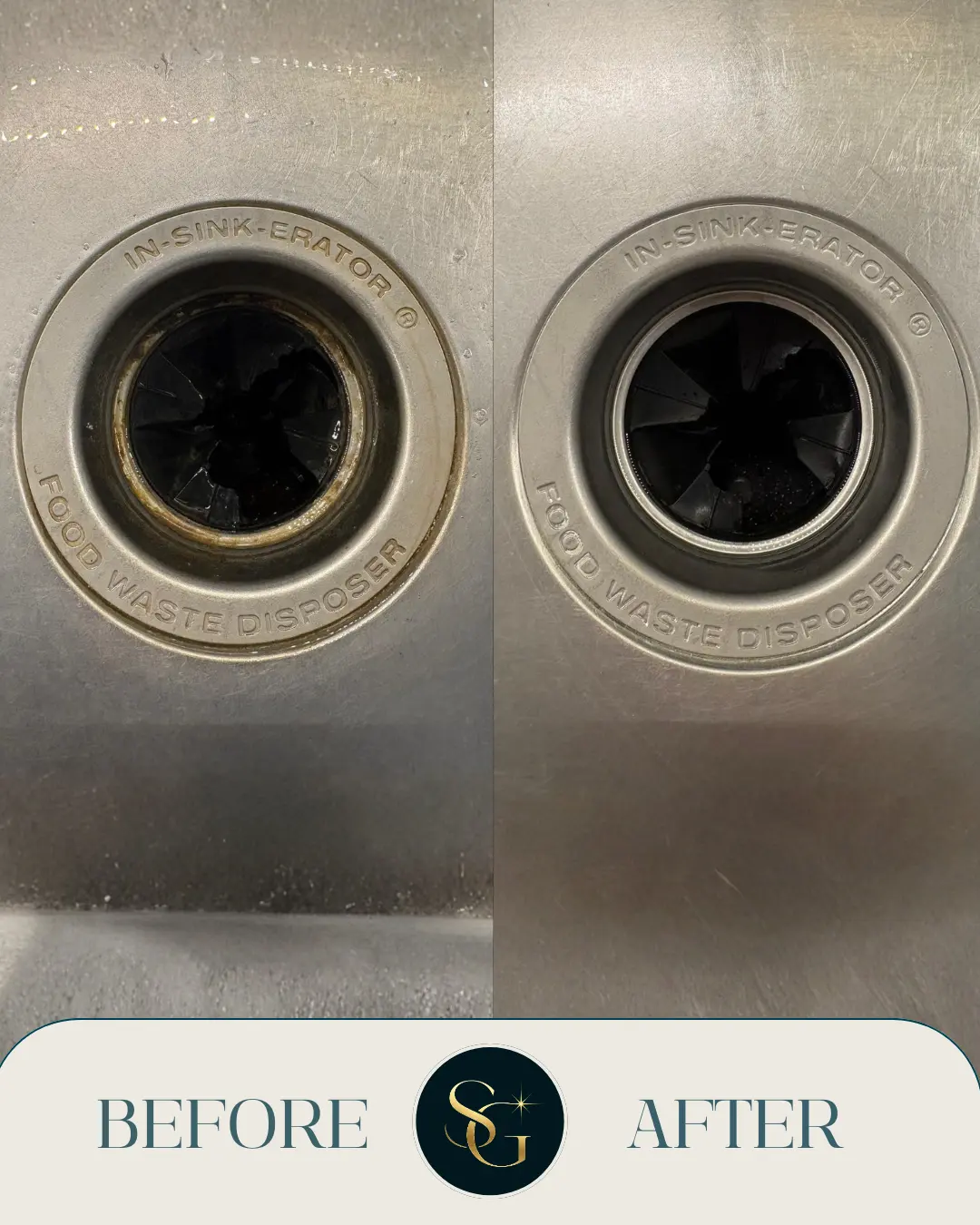 Before and after cleaning of a kitchen disposal drain