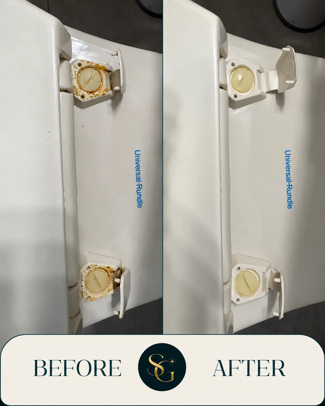 Before and after cleaning around toilet seat hinges
