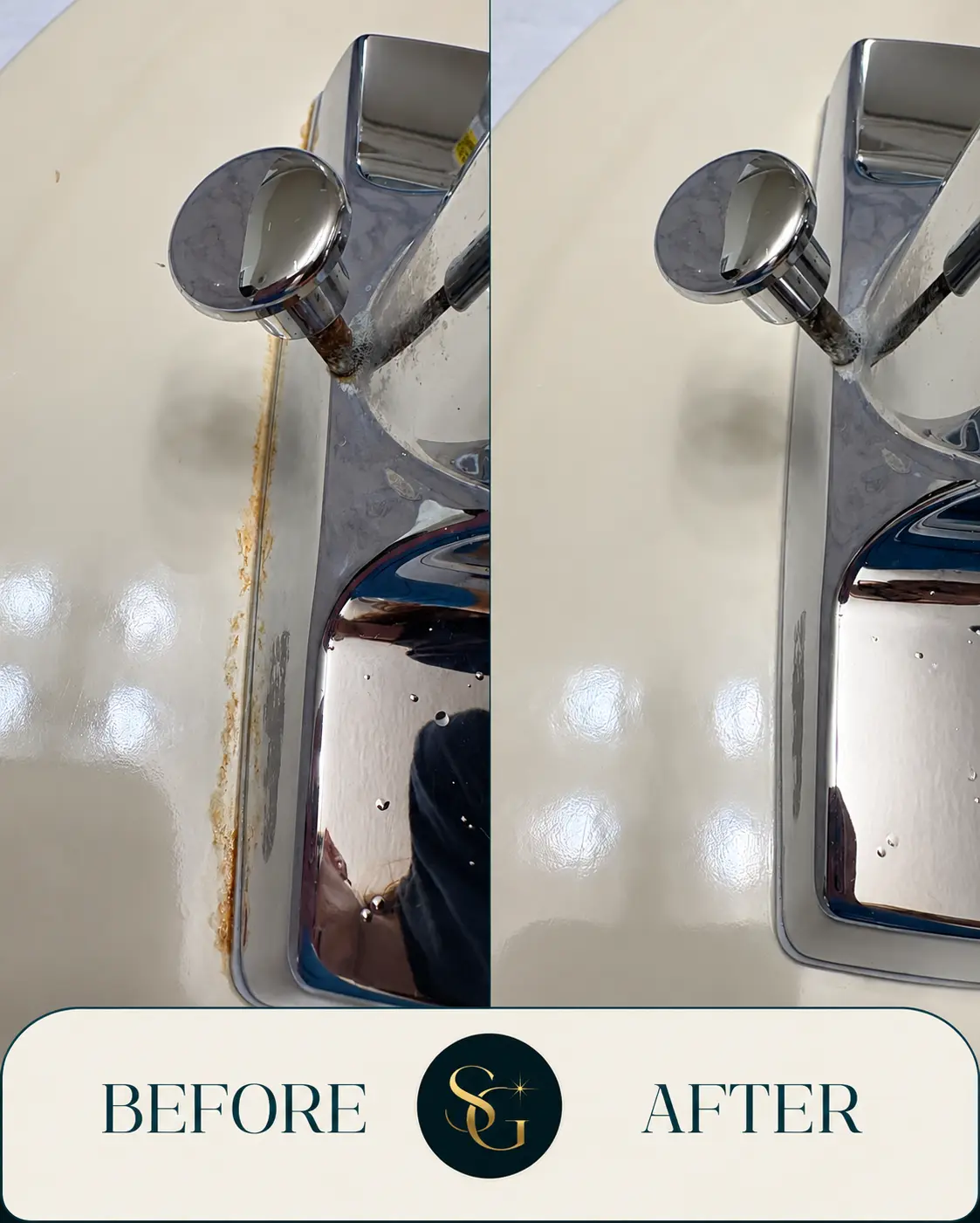 Before and after cleaning of a chrome bathroom fixture